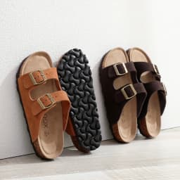 Birken Genuine Leather Women's Flat Slide Sandals - 2 Strap Design, Arch Support, Non-Slip, Cork Footbed, Slip-On Style