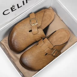 Unisex Cork Closed Toe Slippers Slip-on Clogs Slides Fashion Leather Sandals with Adjustable Buckle Backless Comfort Footbed