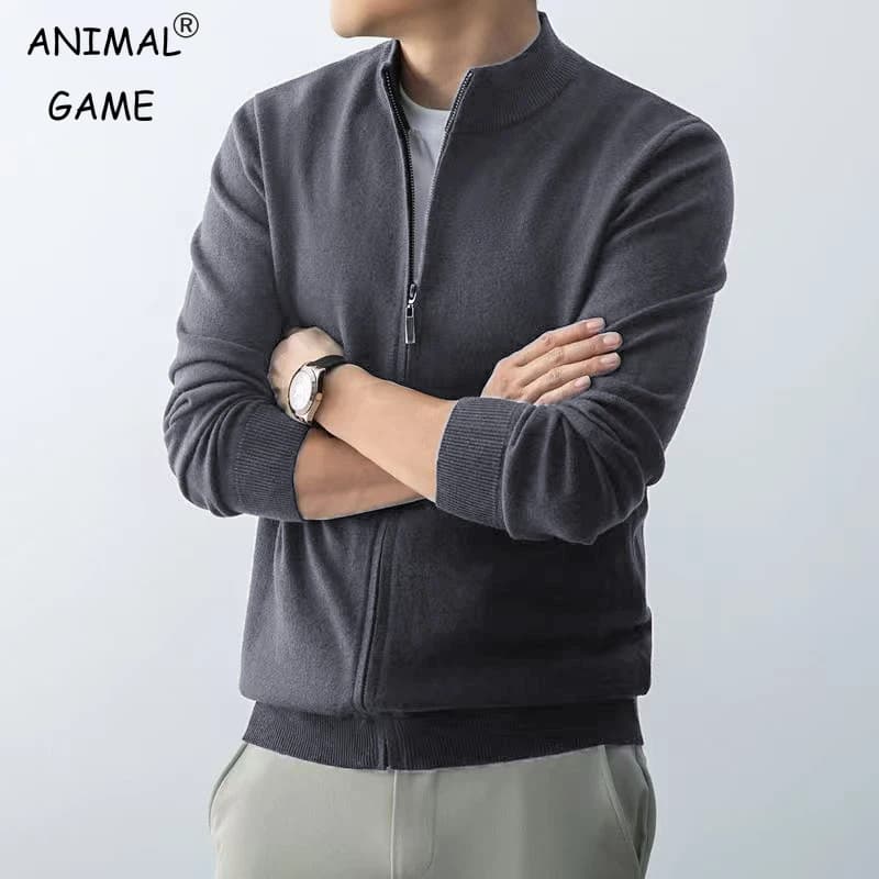 Animal Game Men's Zipper Cardigan Sweater Slim Fit Sweaters Stand Knitwear Jumper Warm Cold Blouse Zip Long Sweatcoats