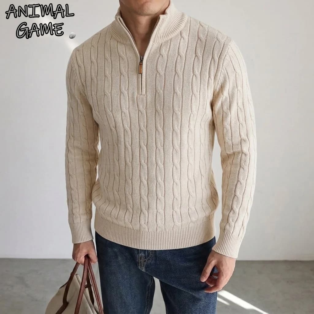 New Men's Cable Knit Half Zip Sweater Casual Stand Collar Knitted Pullover Warm Winter Cardigan Jacket Outerwear Coat for Men