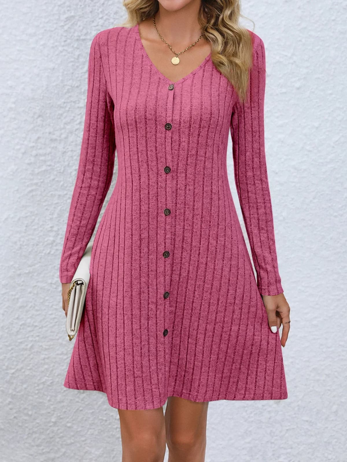 Fashion Solid Ribbed Knitted Mini Dress Women Button Long Sleeve A Line Dresses 2023 Autumn Lady Streetwear Robe
