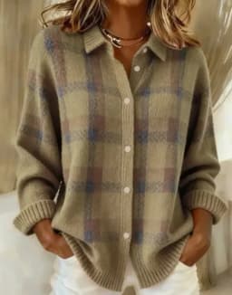 Women's Casual Loose Sweater Spring and Autumn Plaid Long Sleeve Lapel Shirt Sweater Cardigan