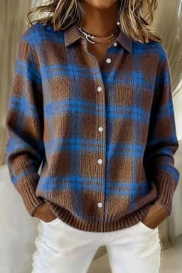 Women's Casual Loose Sweater Spring and Autumn Plaid Long Sleeve Lapel Shirt Sweater Cardigan