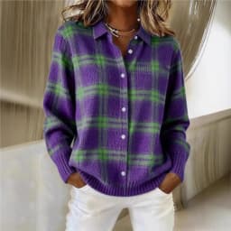 Women's Casual Loose Sweater Spring and Autumn Plaid Long Sleeve Lapel Shirt Sweater Cardigan