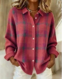 Women's Casual Loose Sweater Spring and Autumn Plaid Long Sleeve Lapel Shirt Sweater Cardigan