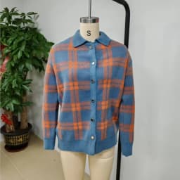 Women's Casual Loose Sweater Spring and Autumn Plaid Long Sleeve Lapel Shirt Sweater Cardigan