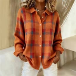 Women's Casual Loose Sweater Spring and Autumn Plaid Long Sleeve Lapel Shirt Sweater Cardigan