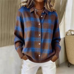 Women's Casual Loose Sweater Spring and Autumn Plaid Long Sleeve Lapel Shirt Sweater Cardigan