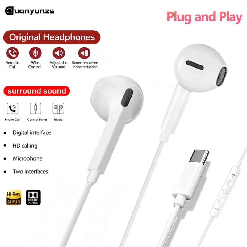 Original Wired Earphones Type C for iPhone 17 Pro Max 16 15 USB C Headphone Wire With Microphone Hifi Stereo Sprot Music Earbuds