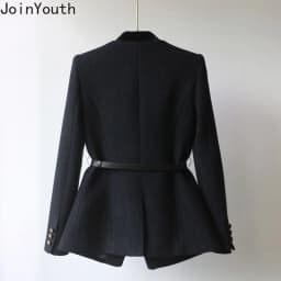 Fashion Slim Waist Belt Coat Women Clothing Vintage Mid-length Temperament Jacket Tops 2025 Ropa Mujer Long Sleeve Black Jackets