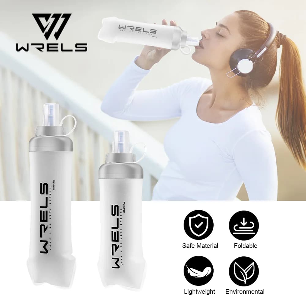 WRELS Water Bottle TPU Folding Soft Flask BPA-Free Collapsible Water Bottle for Hydration Vest Pack Running Hiking Water Bottle