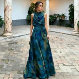 Elegant Blue Ombre Tie-dye Printed Off Shoulder Maxi Dress Satin Cowl Neck Tie Draped Dresses Party Wedding Luxury Evening Gowns