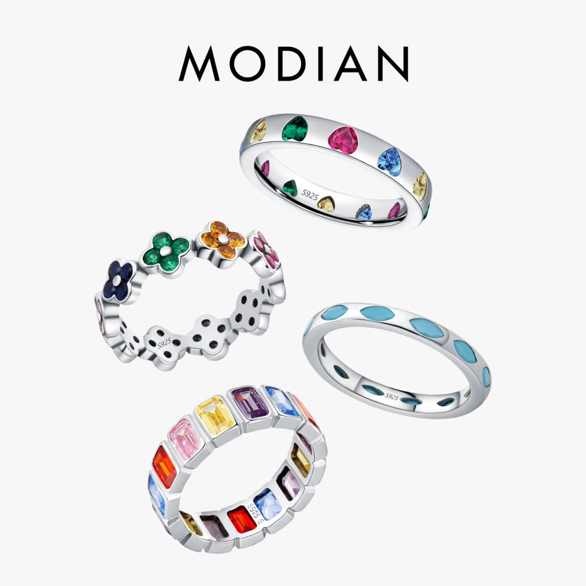 MODIAN 925 Sterling Silver Original Design Four Leaf Clover Heart CZ Eternity Band Stackable Fashion Ring For Women Fine Jewelry