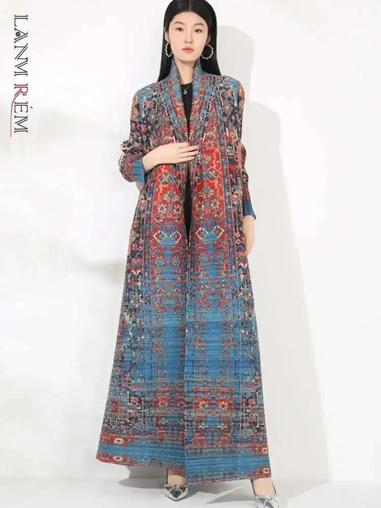 LANMREM Niche Trend Printed Windbreaker Women's 2025 New Loose Oversized Long Sleeved Pleated Trench Cardigan Long Coat 2DB2481