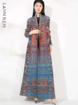 LANMREM Niche Trend Printed Windbreaker Women's 2025 New Loose Oversized Long Sleeved Pleated Trench Cardigan Long Coat 2DB2481