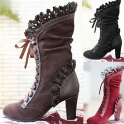 Retro Women Boots Lace Women's High Heels Victorian Classic Ladies Middle Tube Boots Mid-calf Leather Boots Shoes Botas Mujer