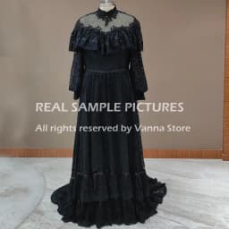 Victorian Lace Long Sleeves Bridal Gown High Neck Vintage Buttons Sheer Back Tiered Wedding Dress Customized Retro Real Photos