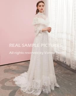 Victorian Lace Long Sleeves Bridal Gown High Neck Vintage Buttons Sheer Back Tiered Wedding Dress Customized Retro Real Photos