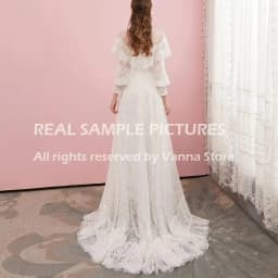 Victorian Lace Long Sleeves Bridal Gown High Neck Vintage Buttons Sheer Back Tiered Wedding Dress Customized Retro Real Photos