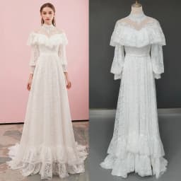 Victorian Lace Long Sleeves Bridal Gown High Neck Vintage Buttons Sheer Back Tiered Wedding Dress Customized Retro Real Photos