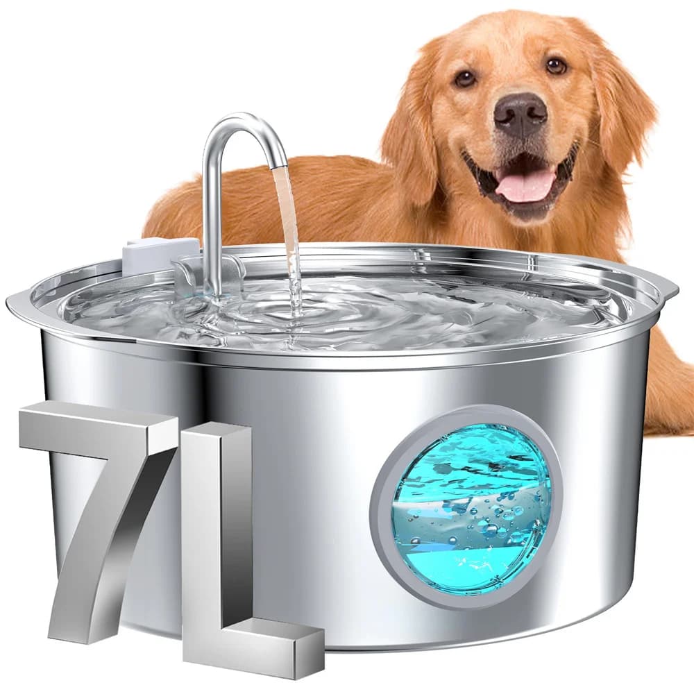 7L Large Dog Water Fountain Stainless Steel Ultra-Quiet Dog Water Fountain Bowl for Large Dogs Cats and Multi-Pet Homes