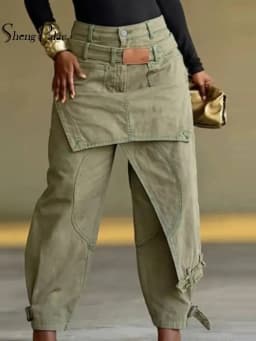 SHENGPALAE Women High Waist Jeans Apron Panel Design Tie Cuff Loose Denim Jogger Trousers Streetwear Autumn 2026 New 05E03295