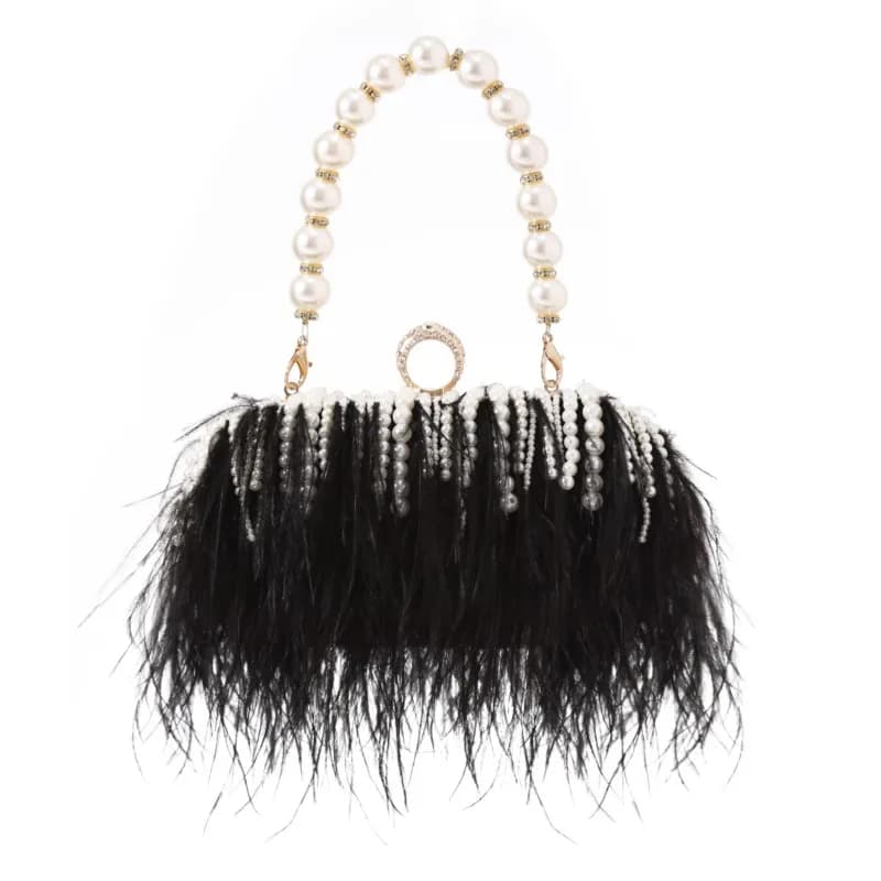 Luxury Real Ostrich Feathers Handbag Pearl Tassel Evening Bags Women's Pouch Purse Pink Green Diamond Clutch Party Messenger Bag