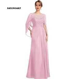Women's Cape Sleeve Chiffon Mother of The Bride Dresses Lace Appliques A-Line Formal Evening Gown Plus Size Wedding Guest Dress