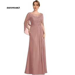 Women's Cape Sleeve Chiffon Mother of The Bride Dresses Lace Appliques A-Line Formal Evening Gown Plus Size Wedding Guest Dress