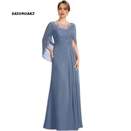 Women's Cape Sleeve Chiffon Mother of The Bride Dresses Lace Appliques A-Line Formal Evening Gown Plus Size Wedding Guest Dress