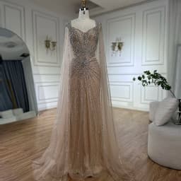 Serene Hill 2025 Customized Nude Cape Sleeves Beaded Saudi Arabic Evening Dresses Gowns for Formal Occasion LA72575A