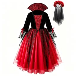 Girls Cosplay Halloween Vampire Devil Dress for Kids Ghost Bride Gothic Costume Vampire Carnival Outfits Black Red Mesh Clothes