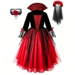Girls Cosplay Halloween Vampire Devil Dress for Kids Ghost Bride Gothic Costume Vampire Carnival Outfits Black Red Mesh Clothes