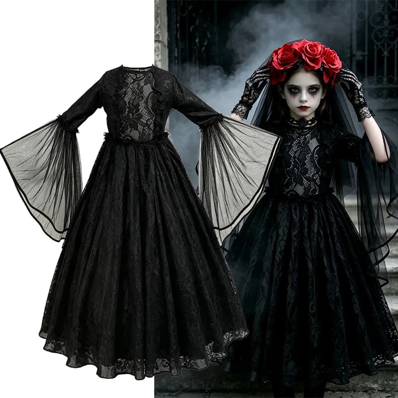 Kids Halloween Dark Gothic Costume Girls Long Sleeve Lace Tulle Ghost Bride Dress Rose Head Veil Carnival Dress Up Clothes