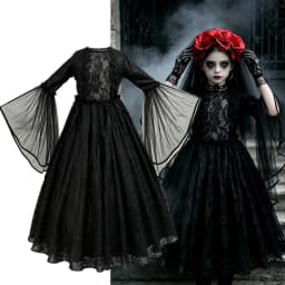 Kids Halloween Dark Gothic Costume Girls Long Sleeve Lace Tulle Ghost Bride Dress Rose Head Veil Carnival Dress Up Clothes