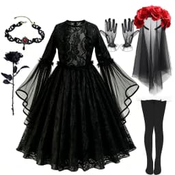 Kids Halloween Dark Gothic Costume Girls Long Sleeve Lace Tulle Ghost Bride Dress Rose Head Veil Carnival Dress Up Clothes