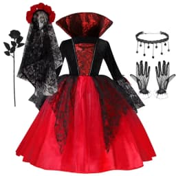 Kids Halloween Dark Gothic Costume Girls Long Sleeve Lace Tulle Ghost Bride Dress Rose Head Veil Carnival Dress Up Clothes