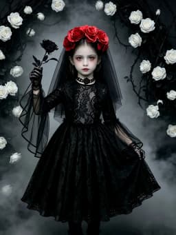 Kids Halloween Dark Gothic Costume Girls Long Sleeve Lace Tulle Ghost Bride Dress Rose Head Veil Carnival Dress Up Clothes
