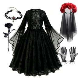 Kids Halloween Dark Gothic Costume Girls Long Sleeve Lace Tulle Ghost Bride Dress Rose Head Veil Carnival Dress Up Clothes