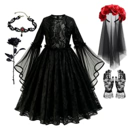 Kids Halloween Dark Gothic Costume Girls Long Sleeve Lace Tulle Ghost Bride Dress Rose Head Veil Carnival Dress Up Clothes