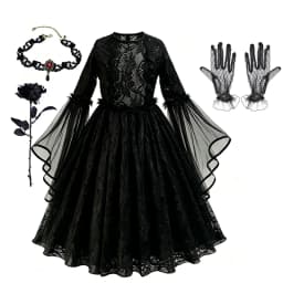 Kids Halloween Dark Gothic Costume Girls Long Sleeve Lace Tulle Ghost Bride Dress Rose Head Veil Carnival Dress Up Clothes
