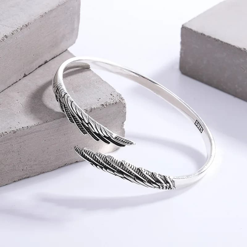 Retro Thai Silver Feather Simple Fashionable 925 Sterling Silver Personalized Design Wings Ins Trendy Opening Bracelets SL102