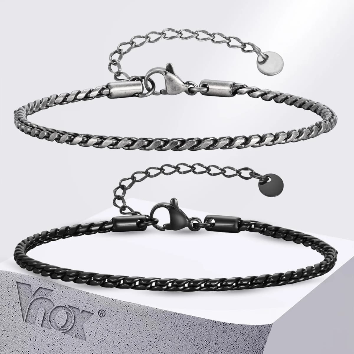 Vnox Slim 2.5mm Snake Links Bracelets for Men Teens, Adjustable Stainless Steel Twisted Chain Bracelets, Simple Metal Jewelry