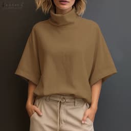 Stylish Women Blouse 2025 ZANZEA Summer Office Shirt Elegant Solid OL Work Tunic Tops Turtleneck Half Sleeve Blusas Mujer Femme