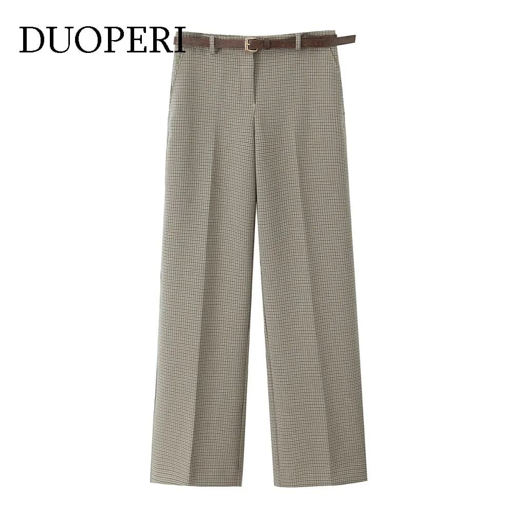DUOPERI Women Plaid Straight Pants With Belt High Waist Full Length Casual Female Chic Lady Trousers