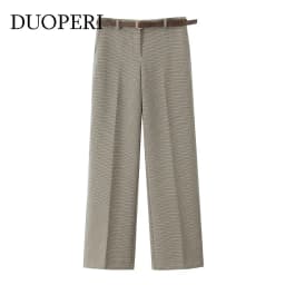 DUOPERI Women Plaid Straight Pants With Belt High Waist Full Length Casual Female Chic Lady Trousers