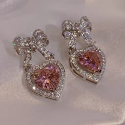 Exquisite Pink Heart Shape Bowknot Stud Earrings For Women Shining CZ Zircon Love Earring Wedding Party Temperament Jewelry