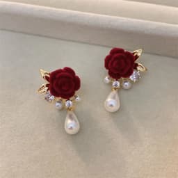 Wine Red Imitation Velvet Rose Pearl Earrings for Women Vintage Red Rose Elegant High-end Studs Earrings Jewelry Accessories