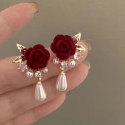 Wine Red Imitation Velvet Rose Pearl Earrings for Women Vintage Red Rose Elegant High-end Studs Earrings Jewelry Accessories