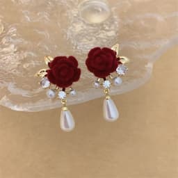Wine Red Imitation Velvet Rose Pearl Earrings for Women Vintage Red Rose Elegant High-end Studs Earrings Jewelry Accessories